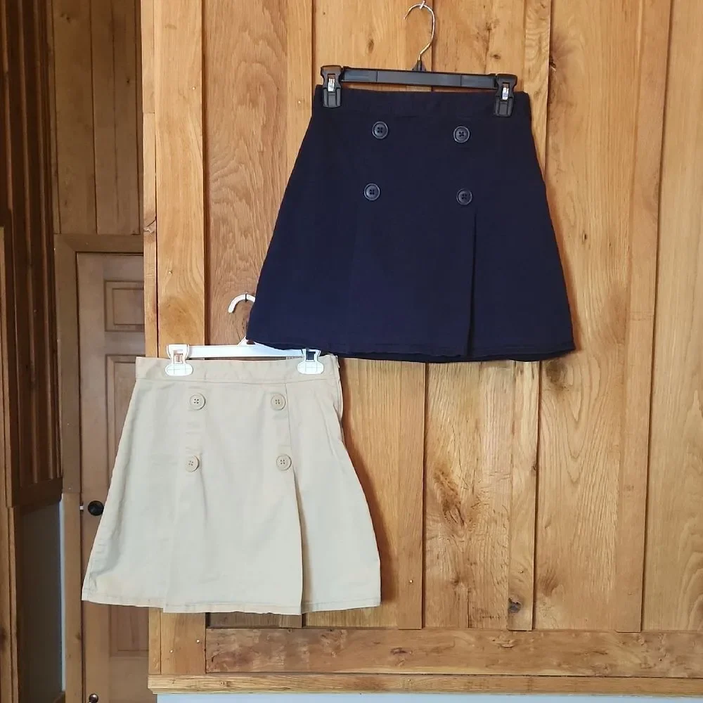 Children's Place Cotton Uniform Pleated Above Knee Skorts, 14 SLIM, Blue & Tan